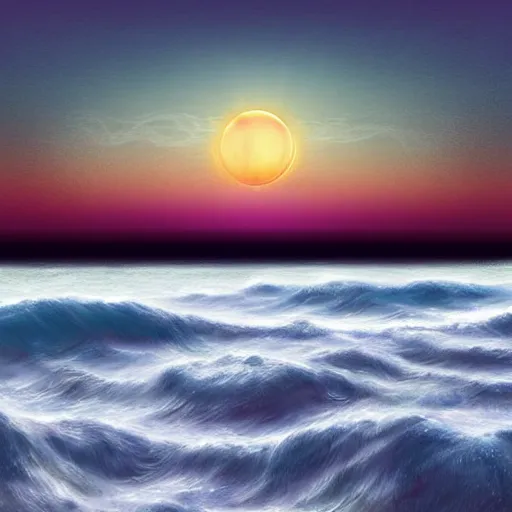 Image similar to the moon melting into the ocean at night, incredibly detailed realistic digital art, wispy vapors rising from the waves
