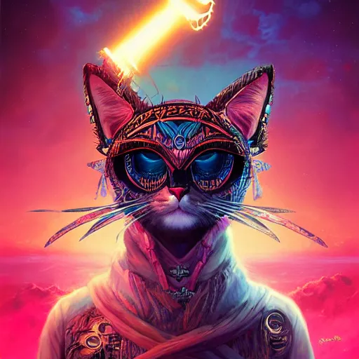 Prompt: portrait of a synthwave chieftain - cat with aztec - headdress and big glowing cyber eyes by peter mohrbacher and emmanuel shiu and martin johnson heade and bastien lecouffe - deharme, rim light photography