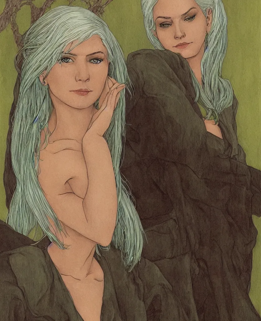 Image similar to beautiful woman with white hair and green eyes, full body, portrait, elegant, dusk, illustration, art by moebius Jean Giraud