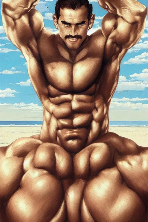 Image similar to gigachad bodybuilder luigi at the ocean by ilya kuvshinov, ernest khalimov body, super mario bros symmetrical face concept art, hyper realistic, intricate, elegent, highly detailed, digital painting, concept art, smooth, sharp, focus, illustration, art by artgerm and greg rutkowski and alphonse mucha, artstation