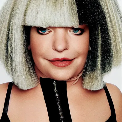 Image similar to Sia furler photoshoot wearing a leotard full body puffy sia wig