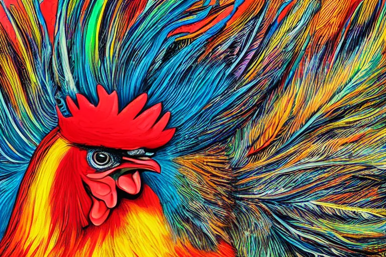 Image similar to illustration of a rooster with feathers of many colors, by ken barthelmey and liam cobb, lively colors, portrait, sharp focus, colored feathers, jungle