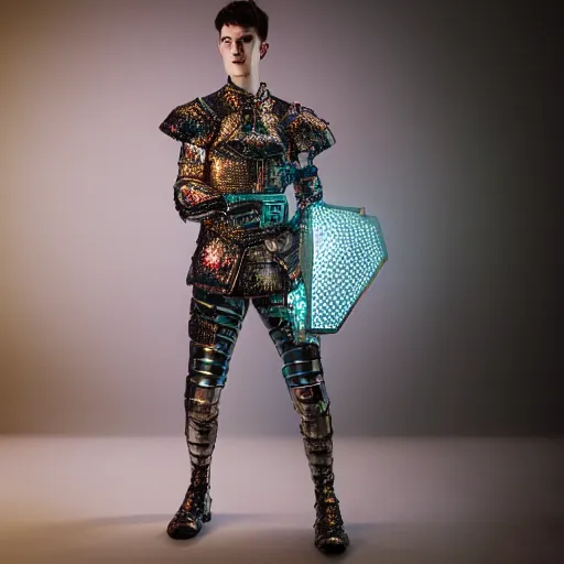 Image similar to a portrait of a beautiful young male wearing an alexander mcqueen armor made of holographic acrylic , photographed by andrew thomas huang, artistic