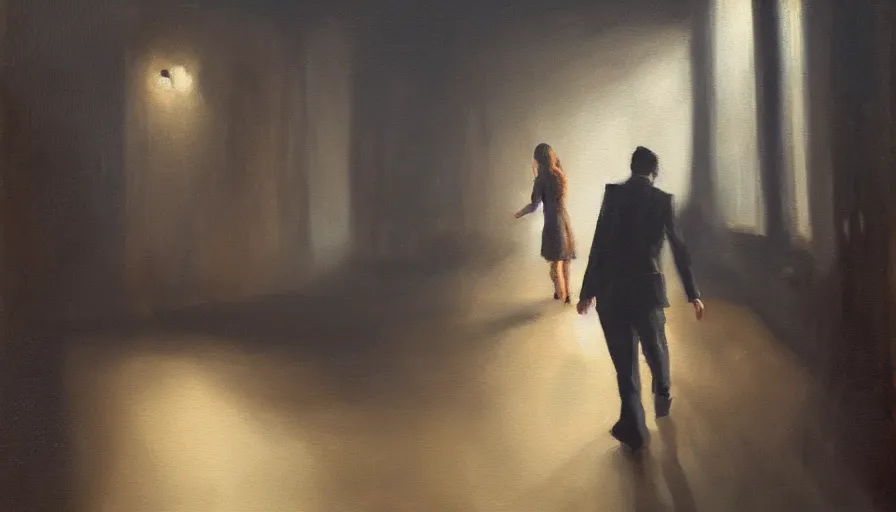 Prompt: oil painting, man leaving with her, cinematic lighting