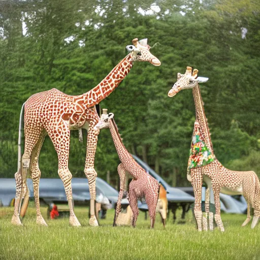 Image similar to mechanical giraffes, having a picnic, realistic, daylight, 3 5 mm, photo