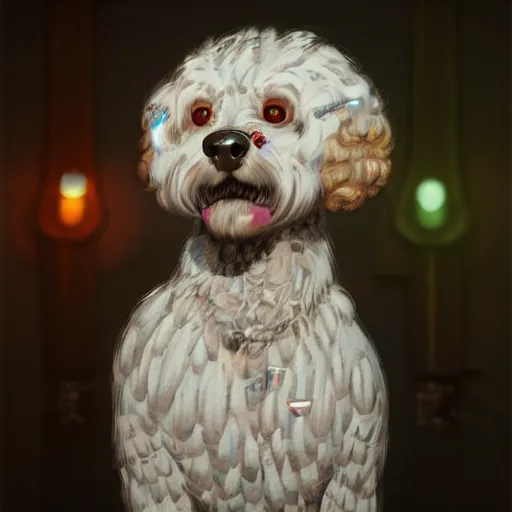 Prompt: a white cockapoo wearing tartan in a nightclub, anatomy, bathed in light, highly detailed, photorealistic, artstation, smooth, sharp focus, illustration, unreal engine 5, 8 k, art by artgerm and greg rutkowski and edgar maxence