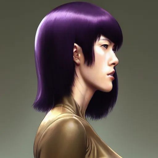 Prompt: Masterpiece head and shoulder portrait of Major Motoko Kusanagi from Ghost in the Shell drawn by Donato Giancola and Tom Bagshaw, face by Artgerm and Edmund Leighton, Alphonse Mucha, background by James Jean and Gustav Klimt, 4k, porcelain skin, komorebi, french nouveau, trending on pixiv, octane render, hyperrealistic