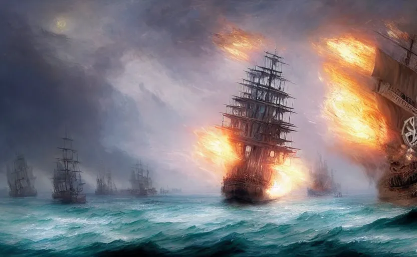 Image similar to epic naval battle, pirate galleons and millennium falcon. by artstation trending, by joseph mallord william turner, luis royo, konstantin razumov, cinematic lighting, fractal flame, highly detailed