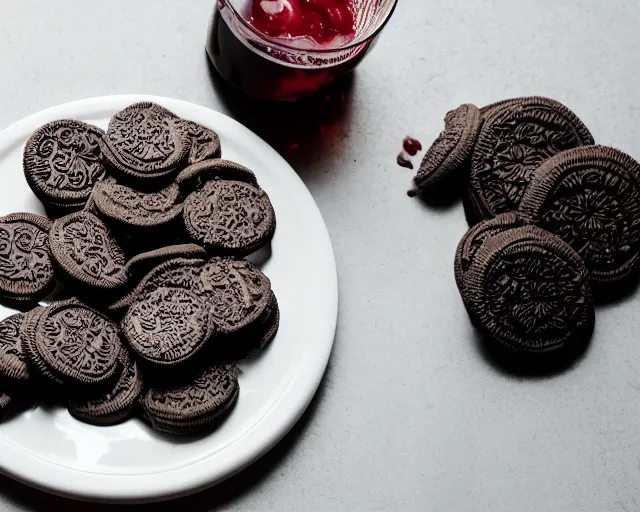 Prompt: 8 5 mm food photography of a plate full of grilled oreos at restaurant with dof and bokeh and wine glasses o