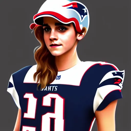 Image similar to emma watson in new england patriots football uniform fanart, digital art, trending on artstation