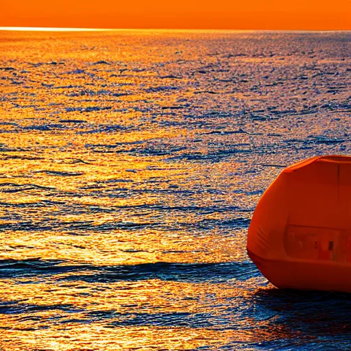 Image similar to an orange life raft drifts in a calm ocean, dramatic contrasting light, 135mm