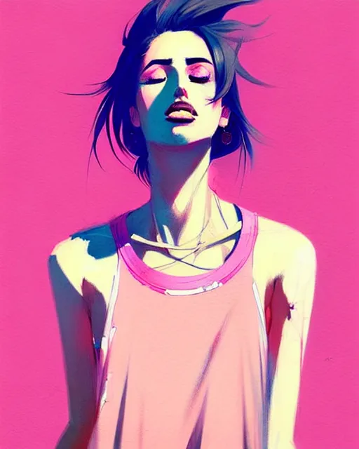 Image similar to a ultradetailed beautiful painting of a stylish woman in a pink tank top, by conrad roset, greg rutkowski and makoto shinkai trending on artstation