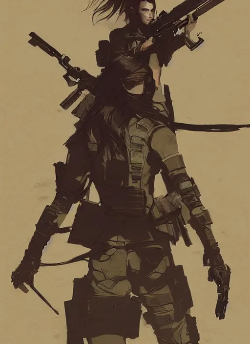 Prompt: kendall jenner wearing metal gear armor holding gun dramatic lighting art by Richard Schmid by Hokusai by greg rutkowski by trevor henderson by ross draws cinematic dramatic