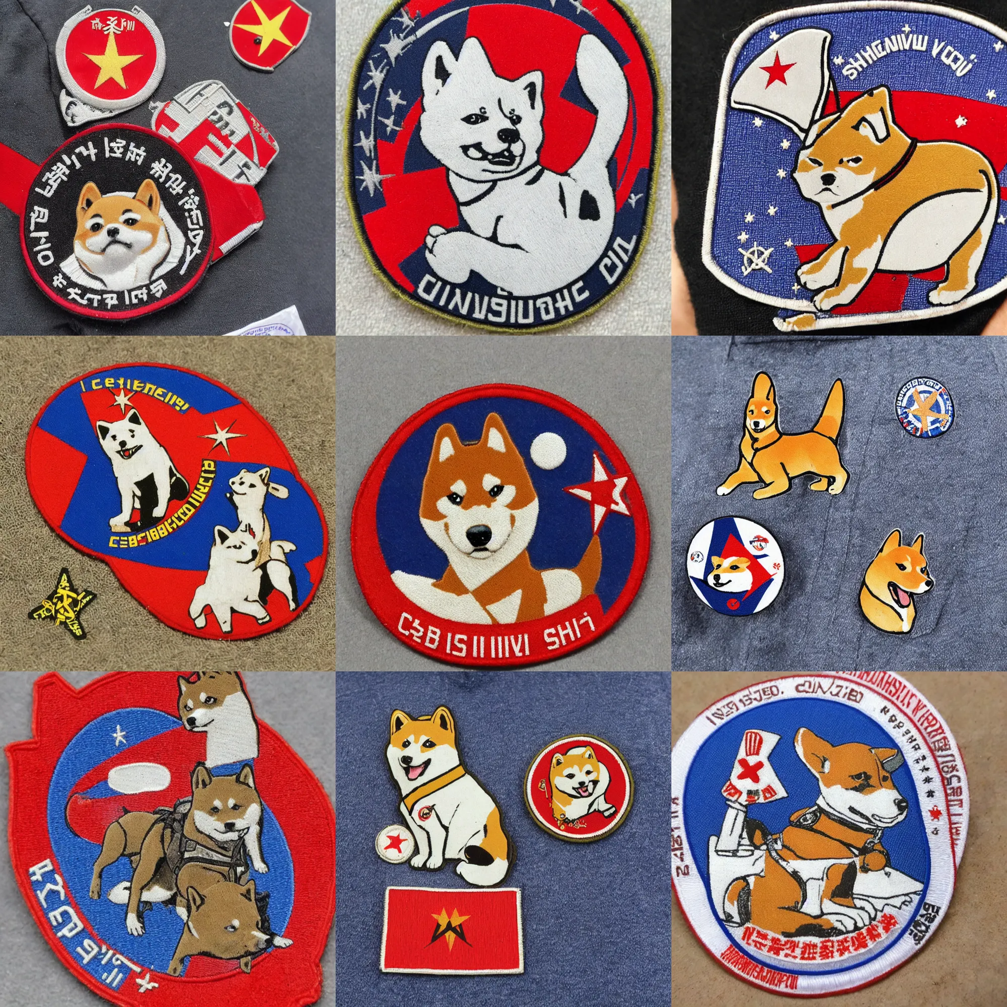 Prompt: Shiba Inu CCCP, 60s soviet space round mission patch