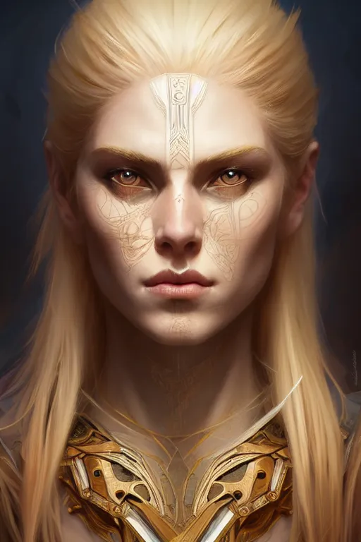 Image similar to symmetry!! portrait of a blonde haired woman in the style of god of war, machine parts embedded into face, intricate, elegant, highly detailed, digital painting, artstation, concept art, smooth, sharp focus, illustration, art by artgerm and greg rutkowski and alphonse mucha, 8 k