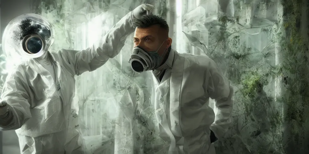 Image similar to a photo of a man wearing a futuristic mask and a lab coat, lab covered in mold and moss, photorealistic, octane render, volumetric lighting,