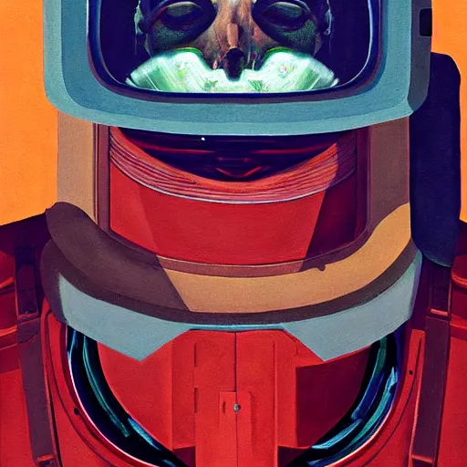 Image similar to Astronaut portrait half face robot,highly detailed, very coherent, painted by Francis Bacon and Edward Hopper, Wayne Barlowe, painted by James Gilleard, surrealism, airbrush, art by JamesJean