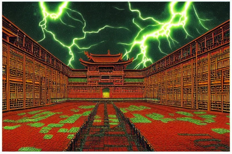 Image similar to artwork of a chinese prison by dan mumford and toshi yoshida and peter doig, symmetrical, vintage scifi, highly detailed, dramatic lightning,, 8 k