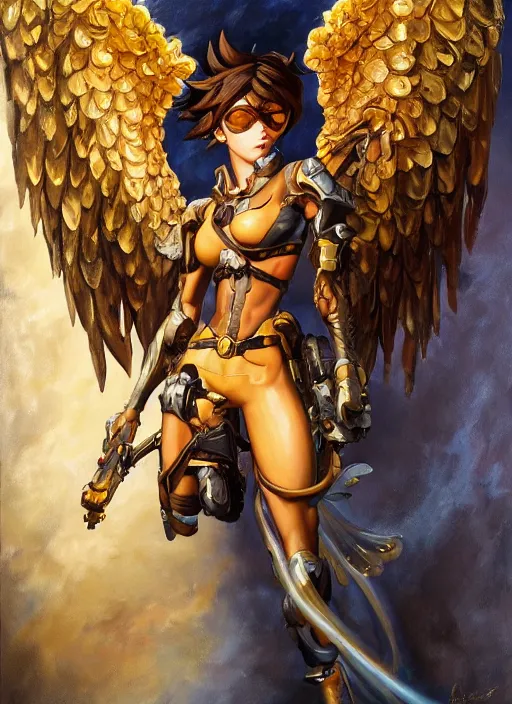 Image similar to full body oil painting of tracer overwatch in the style of frank frazetta, angel wings, dramatic painting, symmetrical composition, ornate, golden chains, silky garment, high detail, gold detailed collar!!!!!, blooming, angelic, lights, flowers, heavenly, bright, detailed face,