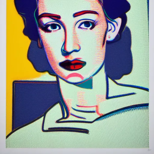 Image similar to beautiful female android portrait in block colour by james jean, by andy warhol, by roy lichtenstein, by egon schiele
