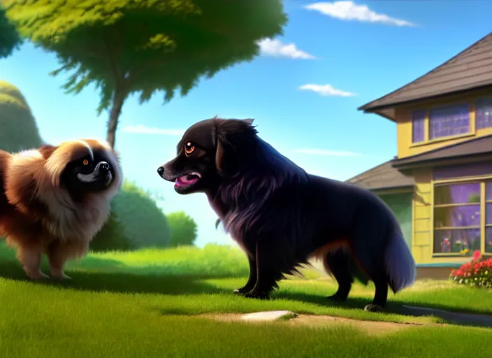 Prompt: a wholesome animation key shot of a black tibetan spaniel, suburban yard in the background, open window in the foreground, studio ghibli, pixar and disney animation, sharp, rendered in unreal engine 5, anime key art by greg rutkowski, bloom, dramatic lighting