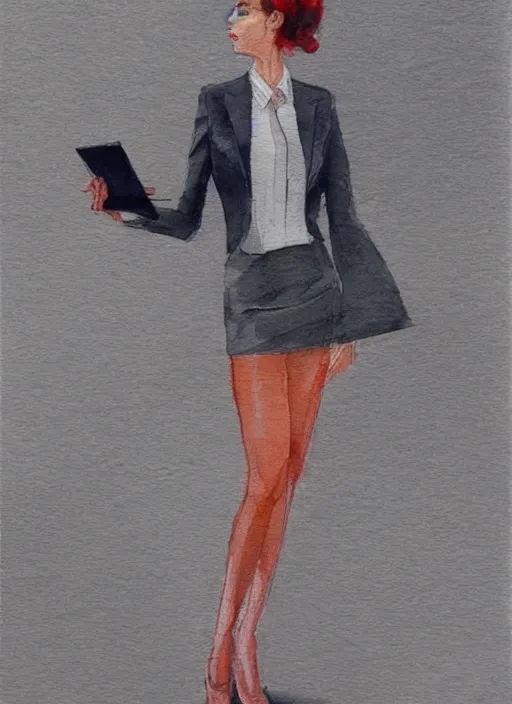 Image similar to concept art of a modern office life, young attractive business woman, pencil miniskirt, pinterest, artstation trending, behance, watercolor, by coby whitmore, silver, laser light,