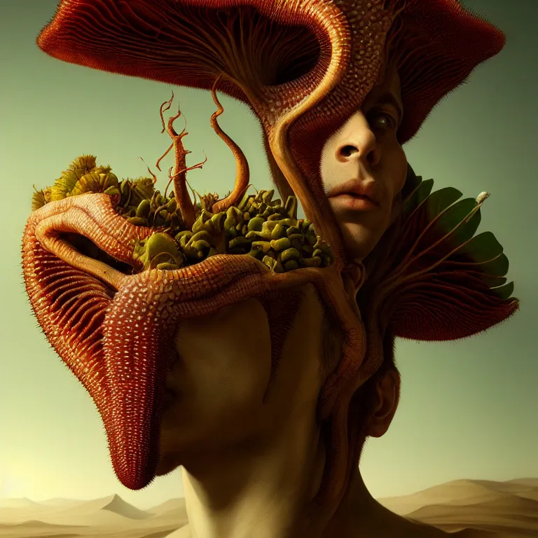 Image similar to carnivorous plant, young white man, in desert, dune, baroque portrait painting, beautiful detailed intricate insanely detailed octane render trending on Artstation, 8K artistic photography, photorealistic, chiaroscuro, Raphael, Caravaggio