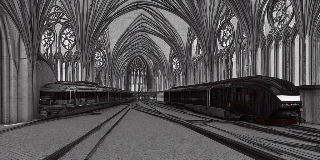 Prompt: streamline train that looks like gothic cathedral church, warhammer emperium style, gothic locomotive, art Deco, retro, steel gothic streamline style, octane render