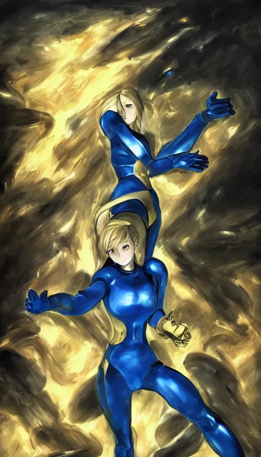 Prompt: portrait! of zero suit samus by francisco!! goya!!, wall mural, art by francisco goya and peter paul rubens, dark colors, dramatic lighting, 4 k, high quality