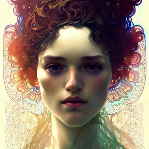 Image similar to Girl have a psychedelic experience, magic mushrooms, psilocybin, face, detailed, intricate, elegant, highly detailed, digital painting, artstation, concept art, smooth, sharp focus, illustration, art by Krenz Cushart and Artem Demura and alphonse mucha