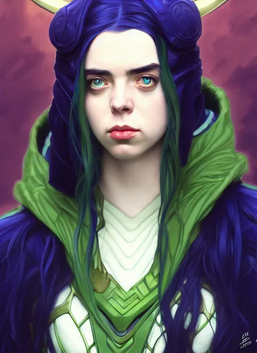 Image similar to Billie Eilish as Female Loki, very detailed, digital art, trending on artstation, concept art, smooth, illustration, art by artgerm and greg rutkowski and alphonse mucha and J. C. Leyendecker and Edmund Blair Leighton and Katsuhiro Otomo and Geof Darrow and Phil hale and Ashley wood