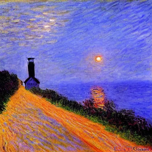 Prompt: A road leading to the lighthouse,dusk, by Claude Monet