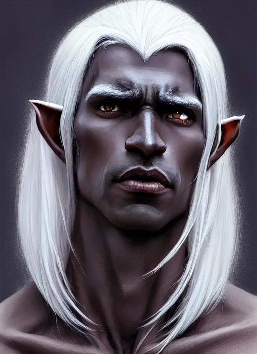 Prompt: a portrait of a drow elf male, long length slick white hair, dark charcoal skin, relaxed eyebrows, handsome, smooth skin, young adult in with late twenties, raised eyebrows, pointed chin, charcoal color skin, style by donato giancola, wayne reynolds, jeff easley dramatic light, high detail, cinematic lighting, artstation, dungeons and dragons