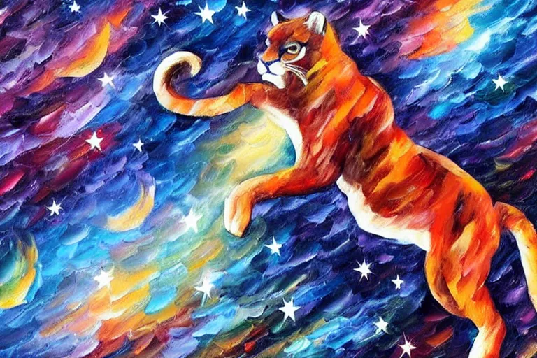 Image similar to the night sky, stars forming the shape of a cougar, dull colours, sky focus, night time, trending on artstation, artwork by leonid afremov