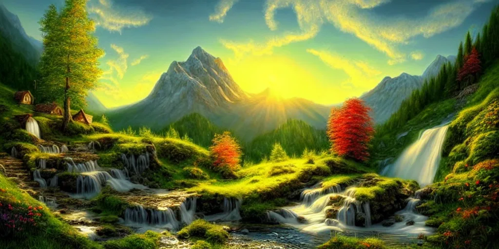 Image similar to a beautiful fantasy landscape, mountain in background, a waterfall in the mountains, little cottage, small pond, some trees in the corner, sunrise, hyper realism, artgem, art by philipp urlich