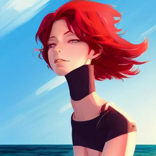 Prompt: character deisgn by lois van baarle, artgerm, helen huang, by makoto shinkai and ilya kuvshinov. cute scarlet red haired cybertronic woman, steel gray body, denim shorts, jacket, at beach at sunset, beautiful face, smile, elegant, exaggerated proportions, looking at camera