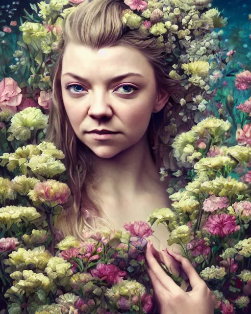 Image similar to portrait of natalie dormer, surrounded by flowers by karol bak, james jean, tom bagshaw, rococo, sharp focus, trending on artstation, cinematic lighting, hyper realism, octane render, 8 k, hyper detailed.