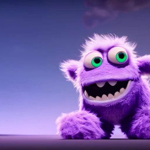 Image similar to a purple fluffy monster, adorable and cute, pixar, octane render, 4k, monster in middle of picture