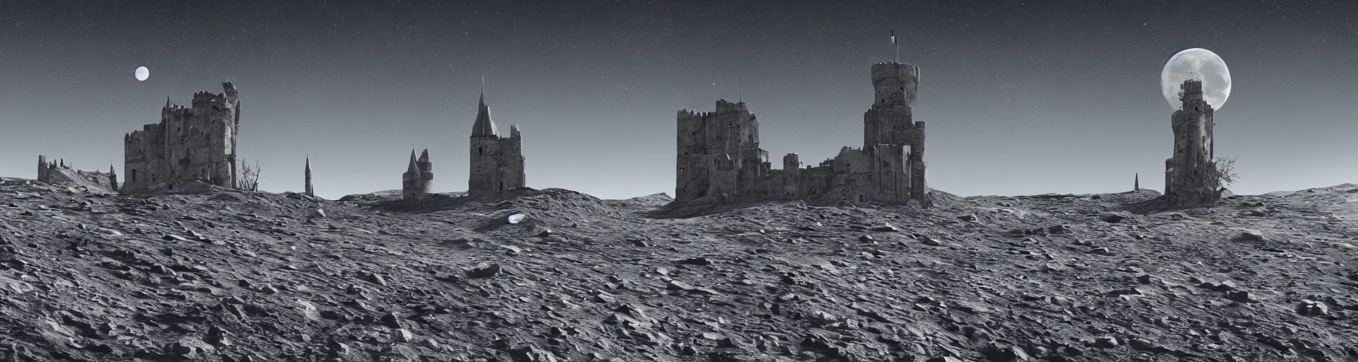 Image similar to landscape of the lunar surface with a spooky medieval castle tower on the far left, digital art