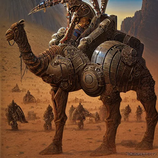 Prompt: cybernetic cyborg warrior, wretched camel, by Ted Nasmith and James C. Christensen