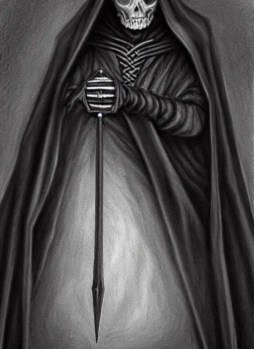 Image similar to pencil ultradetailed painting of the necromancer, wearing a black cloak, crisp