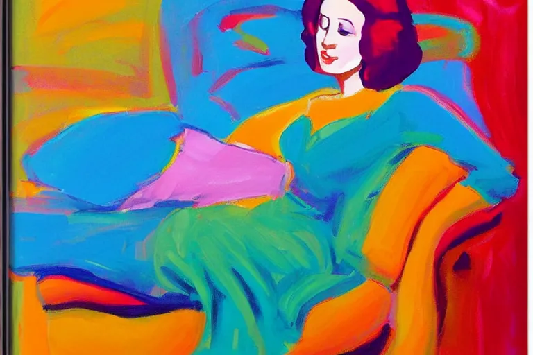 Image similar to a beautiful girl relaxing on a cloud by peter max, portrait,