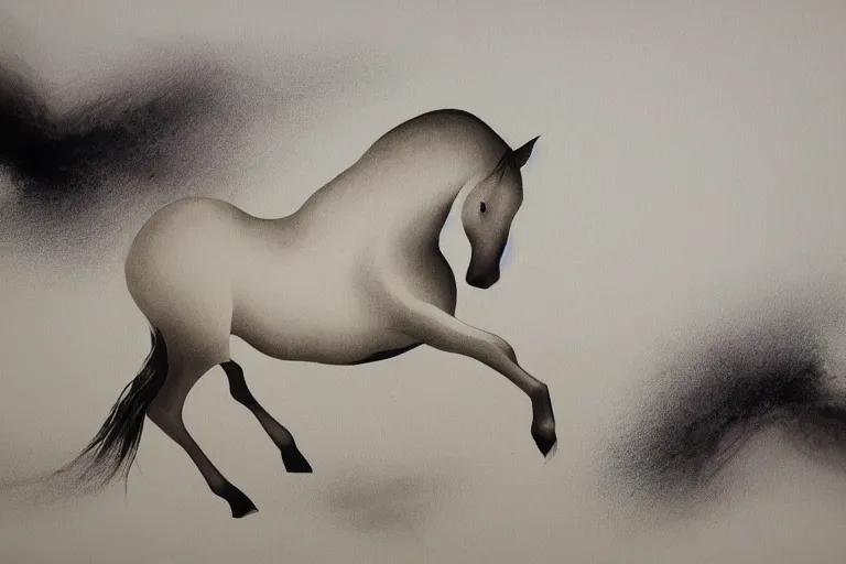 Prompt: bautiful serene ethereal horse, healing through motion, minimalistic ink aribrush painting on white background