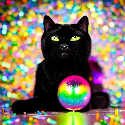 Image similar to a high - quality photo of a black cat covered with ( ( rainbow ) ) glitter, highly detailed, f 3. 5, in - frame, sharpened, sparkly