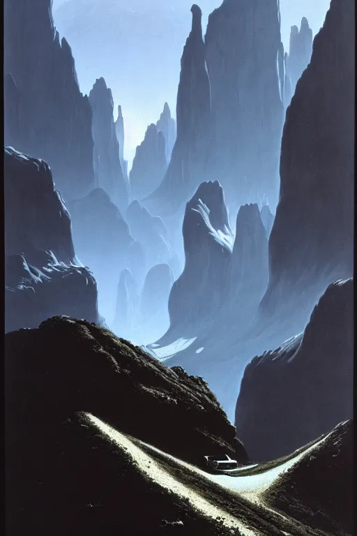 Prompt: a scene in the dolomites by arthur haas and bruce pennington and john schoenherr, cinematic matte painting, minimal modern, zaha hadid building, dark moody color palate,