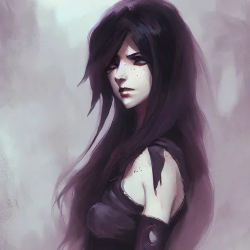 Image similar to female human vampire witch in the style of greg rutkowski, makoto shinkai, trending on artstation, character design, concept art, pretty face, highly detailed, long black hair, portrait, digital art