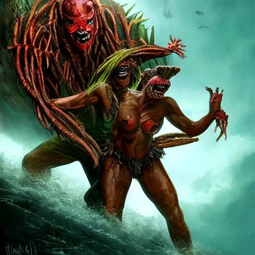 Prompt: monsters from the movie predator as jack and roses in the movie titanic, artstation