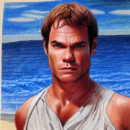 Image similar to dexter Morgan and Indiana jones go to the beach, portrait, highly detailed, colored pencil
