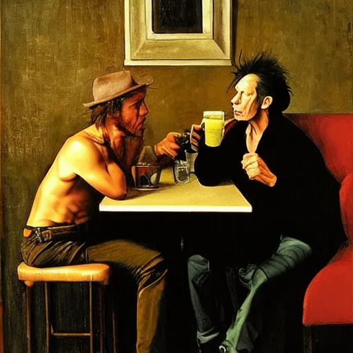 Prompt: Tom Waits and Iggy Pop talking in a pub by Jim Jarmush, oil painting by Caravaggio