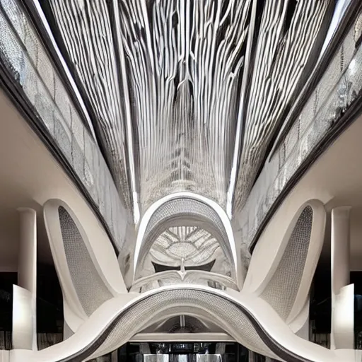 Image similar to extremely detailed ornate stunning beautiful elegant futuristic museum lobby interior by Zaha Hadid